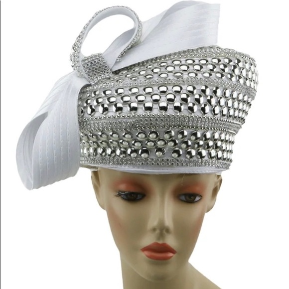 New Stunning CHARM NY SILVER WHITE Rhinestone Pillbox Church Derby Hat - Picture 2 of 3
